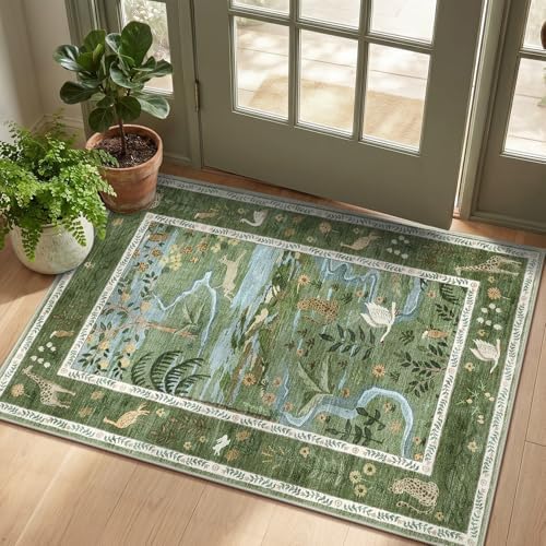 2x3 Washable Area Rug for Entryway Non Slip Safari Nursery Rug Green Kids Room Rugs Low Pile Stain Resistant Jungle Animal Print Rugs Small Throw Mat for Living Room Bedroom Girls Room, Green by Garvee