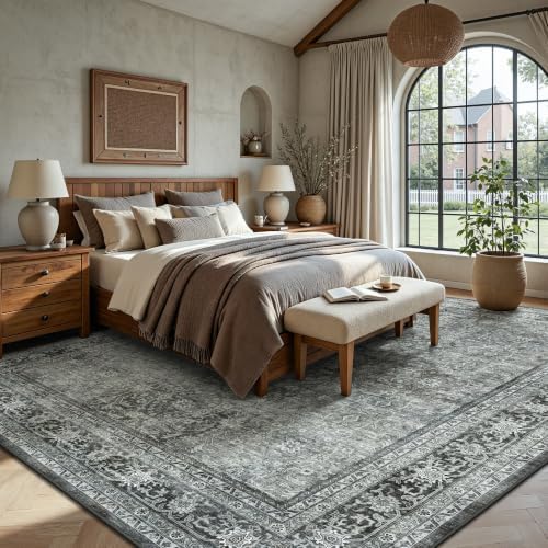 8x10 Area Rugs for Living Room - Washable Vintage Retro Large Rug, Soft Ultra Thin Non Slip Low Pile Traditional Distressed Boho Carpet for Bedroom Dining Room Home Office, Black Grey - Image 4