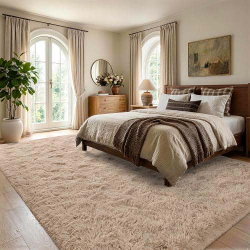 Noahas 4'x5'3'' Beige Fluffy Soft Area Rug Non-Slip for Bedroom Living Room - Image 3