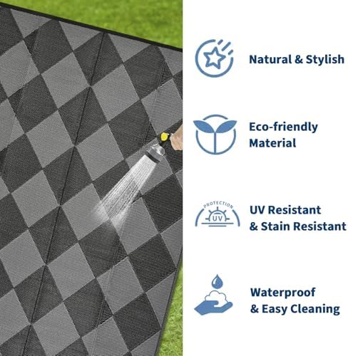GAOMON 9x18 Plastic Straw Rug Outdoor Rugs for Patio Waterproof Reversible Mat Modern Bordered Camping Rug for Porch RV Backyard Pool Deck Picnic Beach Trailer Trellis-Black/Grey - Image 7