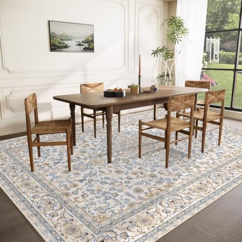 Area Rug 9x12 Washable Rug, Vintage Boho Medallion Rugs Non-Slip Soft Low Pile Large Distressed Rug Indoor Retro Carpet for Living Room Bedroom Dining Room Home Office (BeigeBlue, 9'x12') - Image 3