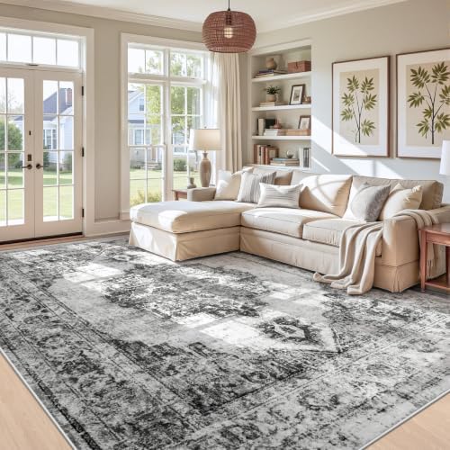 Area Rug 9x12 Vintage Rugs: Large Washable Indoor Medallion Rug Low Pile Distressed Floor Carpet Retro Accent Rugs for Living Room Bedroom Kitchen Dining Table Home Office(Black, 9'x12') by ZomfyRugs