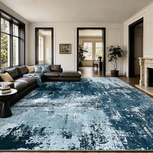 8x10 Rugs for Living Room - Modern Abstract Washable Rug, Ultra Soft Non Slip Low Pile Large Rugs, Floor Carpet for Bedroom Dining Room Office Laundry Nursery Home（Ocean Blue） by Yarooge