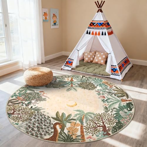 GarveeHome Round Area Rugs 8ft for Living Room, Large Beige Jungle Washable Circle Rug Soft Non Slip Forest Animal Print Floor Mat Tiger Carpet Indoor Thin Rug for Bedroom Dining Room Playroom Nursery - Image 7