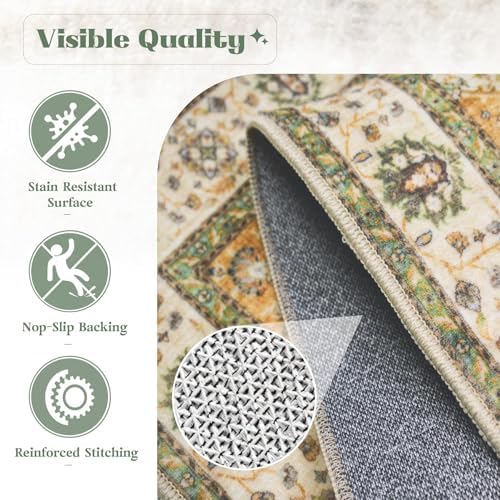 Area Rug 6x9 Washable Rug, Vintage Boho Medallion Rugs Non-Slip Soft Low Pile Large Distressed Rug Indoor Retro Carpet for Living Room Bedroom Dining Room Home Office (Vintage Green, 6'x9') - Image 7