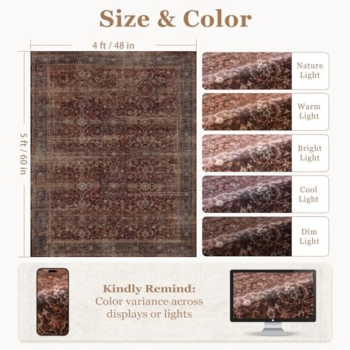 Brick Red 4x5 Area Rugs, Washable Non Slip Throw Rugs for Kitchen Bathroom Entryway, Low Pile Thin Print Carpet Rug for Foyer/Nursery/Home Office/Living Room/Bedside, Vintage Farmhouse - Image 2