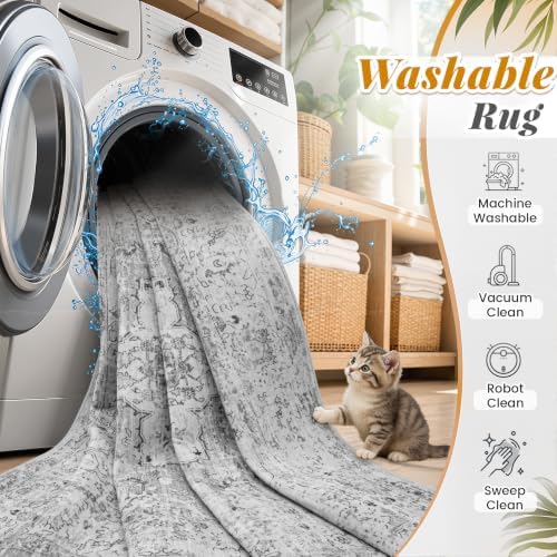 Zomfy 8x10 Area Rugs Washable Rug: Boho Vintage Rug Large Non-Slip Soft Rugs for Living Room Low Pile Retro Medallion Indoor Carpet for Bedroom Nursery Dining Room Dorm Farmhouse Office(Grey, 8'x10') - Image 4