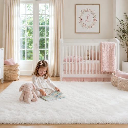 Cream White Fluffy Area Rug 5x8 Ft, Washable for Living Room by OHWPEAT