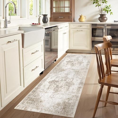 Runner Rug 2x6 Washable Rug, Vintage Boho Medallion Hallway Runner Non-Slip Soft Low Pile Distressed Floor Carpet Retro Doormat for Kitchen Bedroom Laundry Entryway Bathroom (Taupe, 2'x6') - Image 3
