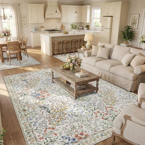 Living Room Rug 9x12: Large Vintage Floral Area Rug - Machine Washable Non Slip Low Pile Foldable Area Rug - Bedroom Dining Room Family Room Open Floor Farmhouse Indoor Carpet - 9'x12' Beige - Image 3