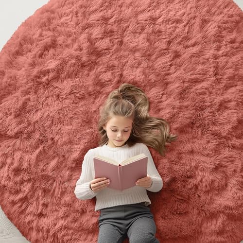 OLANLY Rust Red Round Rugs for Bedroom - Machine Washable, 6 ft Circle Area Rugs for Living Room, Soft and Fluffy Shaggy Carpet for Teen Girl and Boys, Nursery Rooms, Dorms, Home Decor Aesthetic by OLANLY