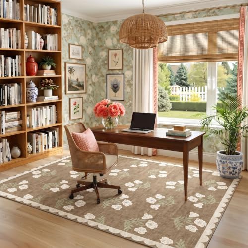 Boho 5x7 Living Room Rug - Tan Floral Scalloped Bedroom Area Rug - Image 6