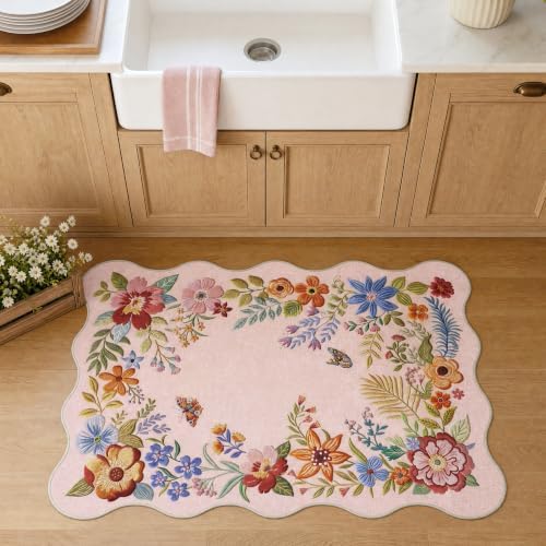 FMFUNCTEX 2x3 Washable Floral Vintage Scalloped Boho Flower Entryway Rug - Image 3