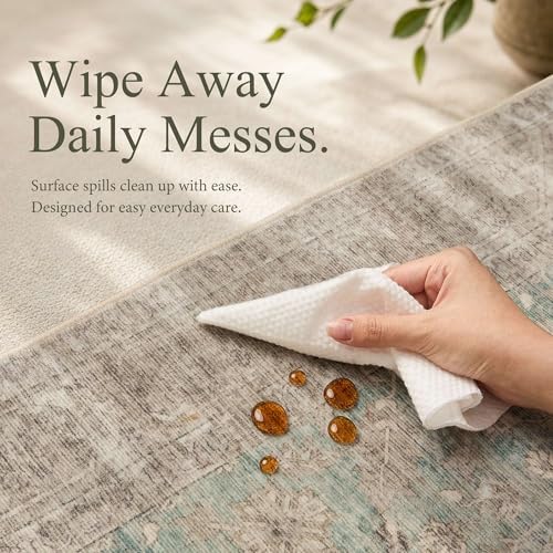 5x7 Washable Boho Area Rug, Nonslip Beige Green for Bedroom Nursery - Image 5