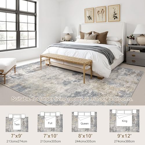 UERMEI 9x12 Area Rug Living Room Rugs - Washable Neutral Modern Abstract Soft Thin Large Rug Indoor Floor No Slip Rug Carpet for Bedroom Under Dining Table Home Office Decor - Blue Grey - Image 4