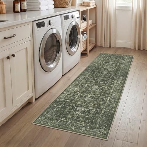 2x7 Washable Kitchen Runner Rug Non-Slip Boho Dark Green Throw Carpet - Image 2