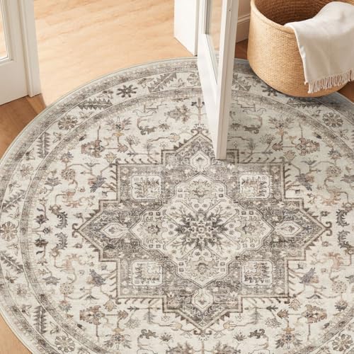 cotiled 5ft Round Living Room Area Rug, Washable, Traditional, Light Brown - Image 5