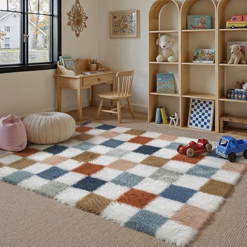 PureCozy Checkered Area Rug 3x5 for Kids Room Soft Fluffy Shag Carpet by PureCozy