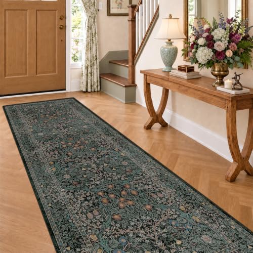 Dark Green 3x10 ft Extra Long Wide Runner Rug for Hallway Non Slip Washable, Large Kitchen Indoor Floor Rugs for Entryway Bathroom Bedroom, Stain Resistant Vintage Floral Carpet - Image 6