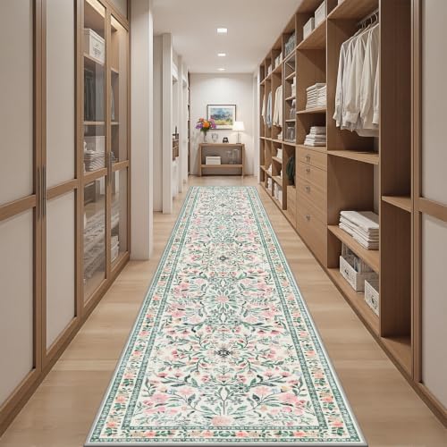 PLHXFR 2.6x14 Washable Runner Rug：Floral Indoor Kitchen Carpet Green Beige - Image 5