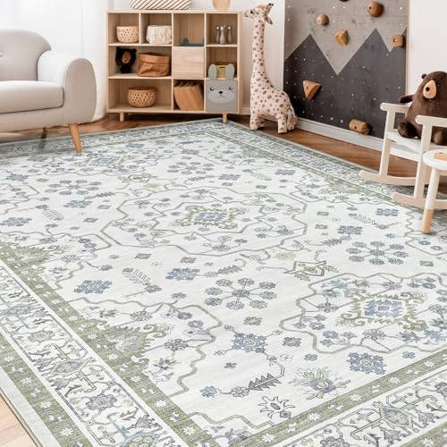 Area Rug 10x12 for Living Room - Washable Oriental Vintage Floral Distressed Large Indoor Carpets with Non Slip Back for Bedroom Dining Room Nursery Office Home Decor -Light Green - Image 7