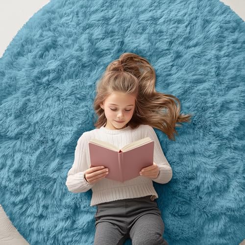 OLANLY Slate Blue Round Rugs for Bedroom - Machine Washable, 7 ft Circle Area Rugs for Living Room, Soft and Fluffy Shaggy Carpet for Teen Girl and Boys, Nursery Rooms, Dorms, Home Decor Aesthetic - Image 7