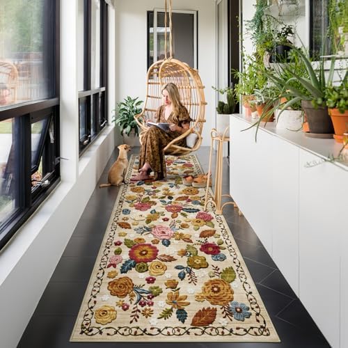 Washable 2x8 Runner Rug, Beige Boho Floral Non-Slip for Hallway, Kitchen - Image 2