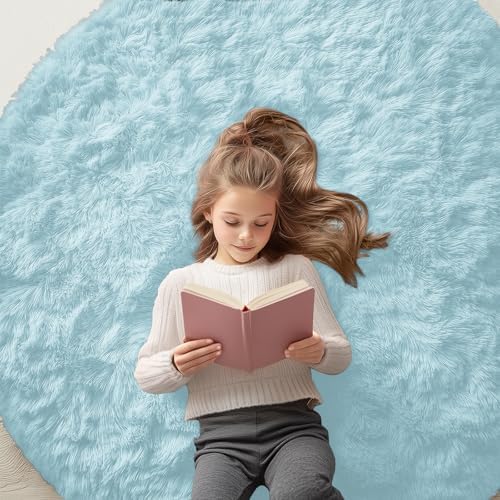 OLANLY Light Blue Round Rugs for Bedroom - Machine Washable, 5 ft Circle Area Rugs for Living Room, Soft and Fluffy Shaggy Carpet for Teen Girl and Boys, Nursery Rooms, Dorms, Home Decor Aesthetic by OLANLY