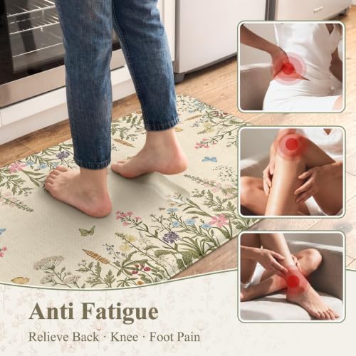 KIMODE Kitchen Mats Cushioned Anti Fatigue 17"x47"+17"x29", Farmhouse Kitchen Mats for Floor 2 Piece, Padded Kitchen Floor Mats Non Slip, Cream Wildflower Standing Mat for Laundry Bath Sink Office - Image 3