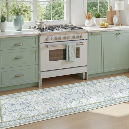 DCX Green and Blue Floral 2x8 Runner Rug by DCXWashableRug
