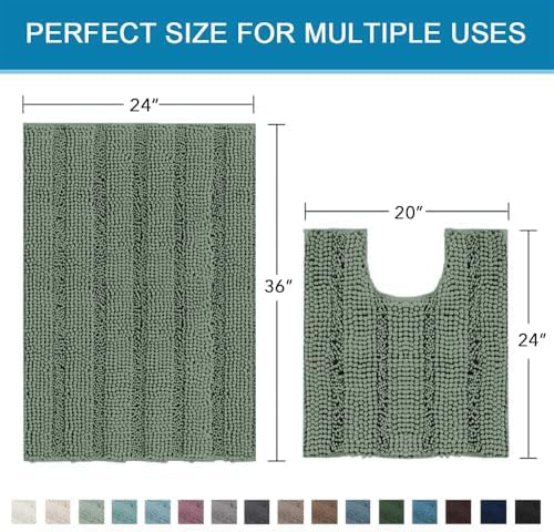 H.VERSAILTEX Bathroom Rugs Bath Rug Set 2 Piece Bathroom Contour Rug Toilet Mat Non Slip Contour Bath Rug Ultra Thick Water Absorbent Striped Bath Mats Washable(36" x 24" Plus 20" x 24" U, Green Bay) - Image 2