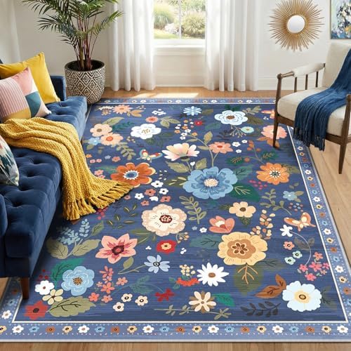 RELEANY Floral 5x7 Area Rug Machine Washable Soft Print Boho Carpet Non Slip Doormat Low Pile Flower Area Rugs for Living Room Bedroom Nursery Kitchen Dining Room Indoor-Blue/Grey by RELEANY