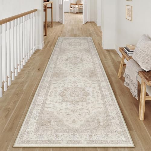 PureCozy Beige 2.6x12 Washable Runner Rug Vintage Oriental Medallion Carpet - Image 6