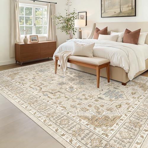 Madane 6x9 Area Rugs for Living Room, Vintage Washable Rug, Beige/Blue - Image 3