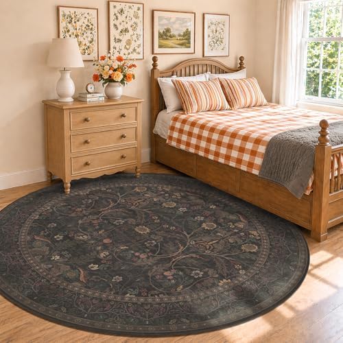 Washable 8ft Large Round Area Rug for Living Room, Black and Brown Moody Floral Circle Carpet, Cottagecore Aesthetic Floor Rug for Bedroom, Non-Slip Stain Resistant Carpet for Dining Room - Image 3