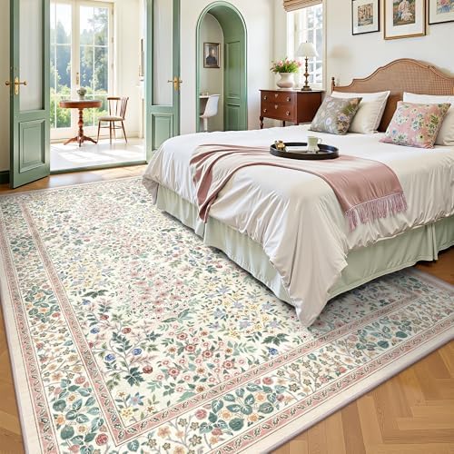 6x9 Area Rugs, Machine Washable Low Pile Floral Rugs for Living Room, Bedroom, Large Boho Area Rug with Non-Slip Backing for Dining Room(Pink Floral) - Image 3