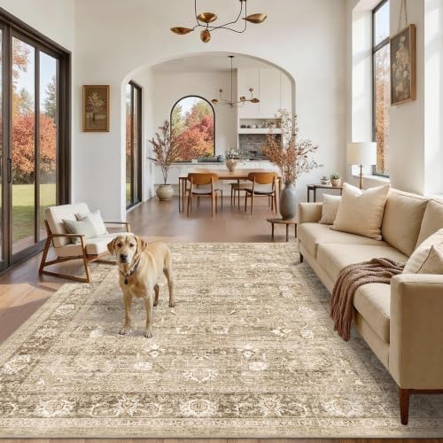 6x9 Washable Bedroom Area Rug Non-Slip Vintage Khaki Large Carpet by HOME
