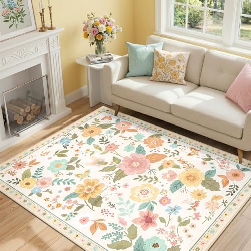 RELEANY Floral Washable 4x6 Area Rugs Beige/White/Orange - Image 2
