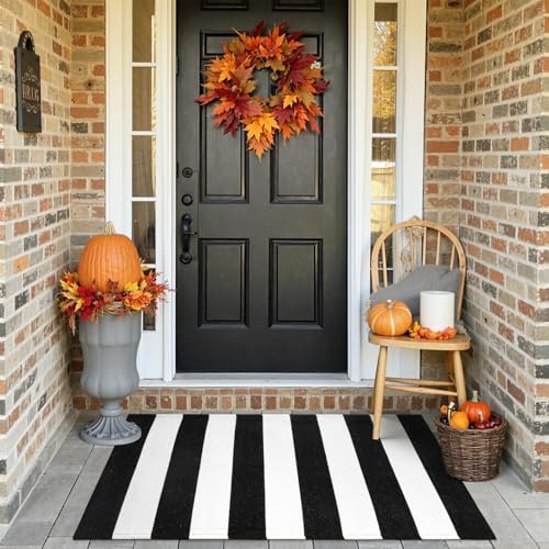 KIMODE Black and White Outdoor Rug Fall Front Door Mats Layered Porch Rug - Image 5