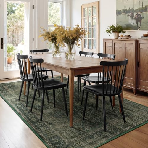 Area Rugs 6x9 Dark Green, Vintage Distressed Earth Tone Living Room Rug Washable Low Pile, Dark Moody Carpet Rug for Bedroom Dining Room Non Slip, Home Office Reading Nook - Image 3