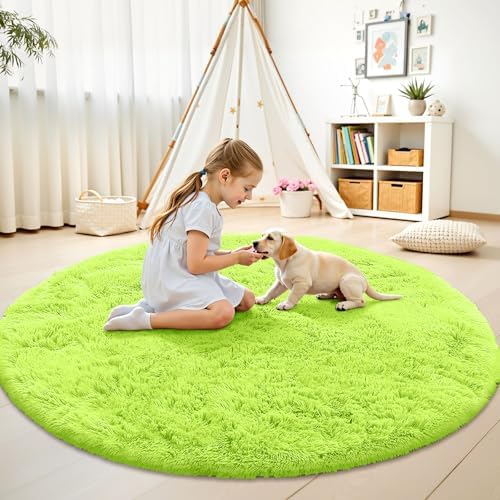 OLANLY Lime Green Round Rugs for Bedroom - Machine Washable, 5 ft Circle Area Rugs for Living Room, Soft and Fluffy Shaggy Carpet for Teen Girl and Boys, Nursery Rooms, Dorms, Home Decor Aesthetic - Image 3