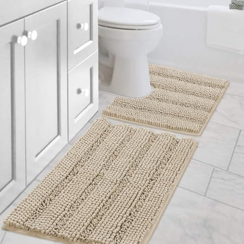 H.VERSAILTEX Bathroom Rug Sets 2 Piece Bath Mats Non Slip Thick Soft Chenille Striped Bath Rug achine Washable Shower Floor Rugs for Tub, Shower and Floor (Fog, 20"x32" Plus 20"x20" U) by HVERSAILTEX