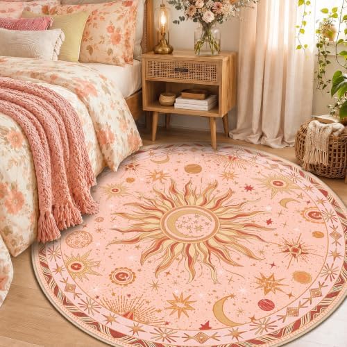 Vacuum-Friendly, Round 4ft Washable Area Rug, Pink Gold Beige Red - Image 2