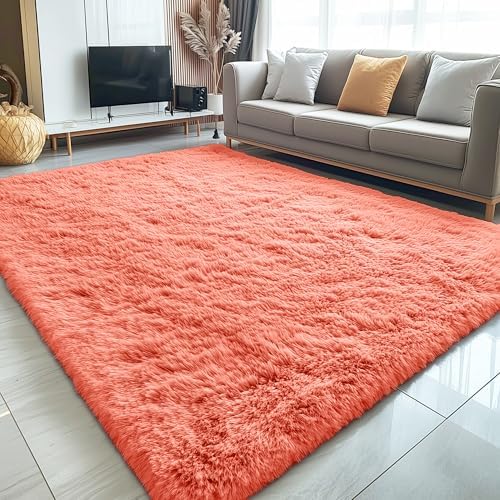 OLANLY 5x7 Machine Washable Large Area Rugs for Living Room, Bedroom, Soft Fluffy Shaggy Bedside Rug, Indoor Floor Carpet for Kids Girls and Boys, Dorms, Nursery, Home Decor Aesthetic, Coral Red - Image 3