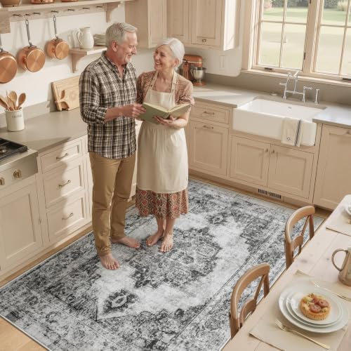 Area Rug 4x6 Vintage Rugs: Washable Indoor Medallion Rug Low Pile Distressed Floor Carpet Retro Accent Rugs for Living Room Bedroom Kitchen Dining Table Home Office(Black, 4'x6') - Image 3