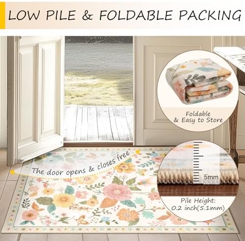 RELEANY Floral Washable Square 6ft Area Rug Beige/White/Orange - Image 5