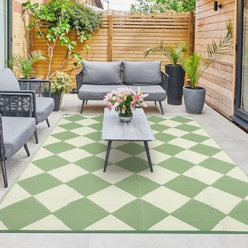 GAOMON 9x18 Plastic Straw Rug Outdoor Rugs for Patio Waterproof Reversible Mat Modern Bordered Camping Rug for Porch RV Backyard Pool Deck Picnic Beach Trailer Trellis-Green - Image 2