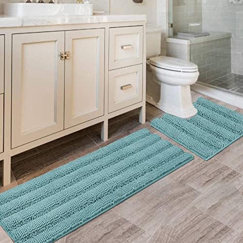 H.VERSAILTEX Bathroom Rugs Bath Rug Set 2 Piece Bathroom Contour Rug Toilet Mat Sets Non Slip Contour Bath Rug Ultra Thick Water Absorbent Striped Bath Mats(47" x 17" Plus 20" x 20" U, Aqua Haze) by HVERSAILTEX