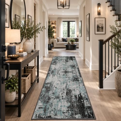RELEANY Washable Runner 2'x8' Abstract Area Rug for Hallway Teal Black - Image 4