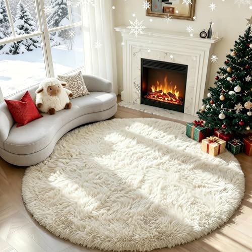 PAGISOFE Cream White Round Rugs 5Ft, Fluffy Shaggy Ivory Carpets, Rugs for Girls Boys Baby Kids Bedroom, Indoor Furry Comfy Teepee Mats, Circular Rug for Reading Area Nursery Room Decor Aesthetic by PAGISOFE